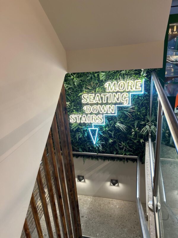 zen foliage wall with led sign of stairs