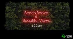 'Beach, Booze & Beautiful Views' neon sign